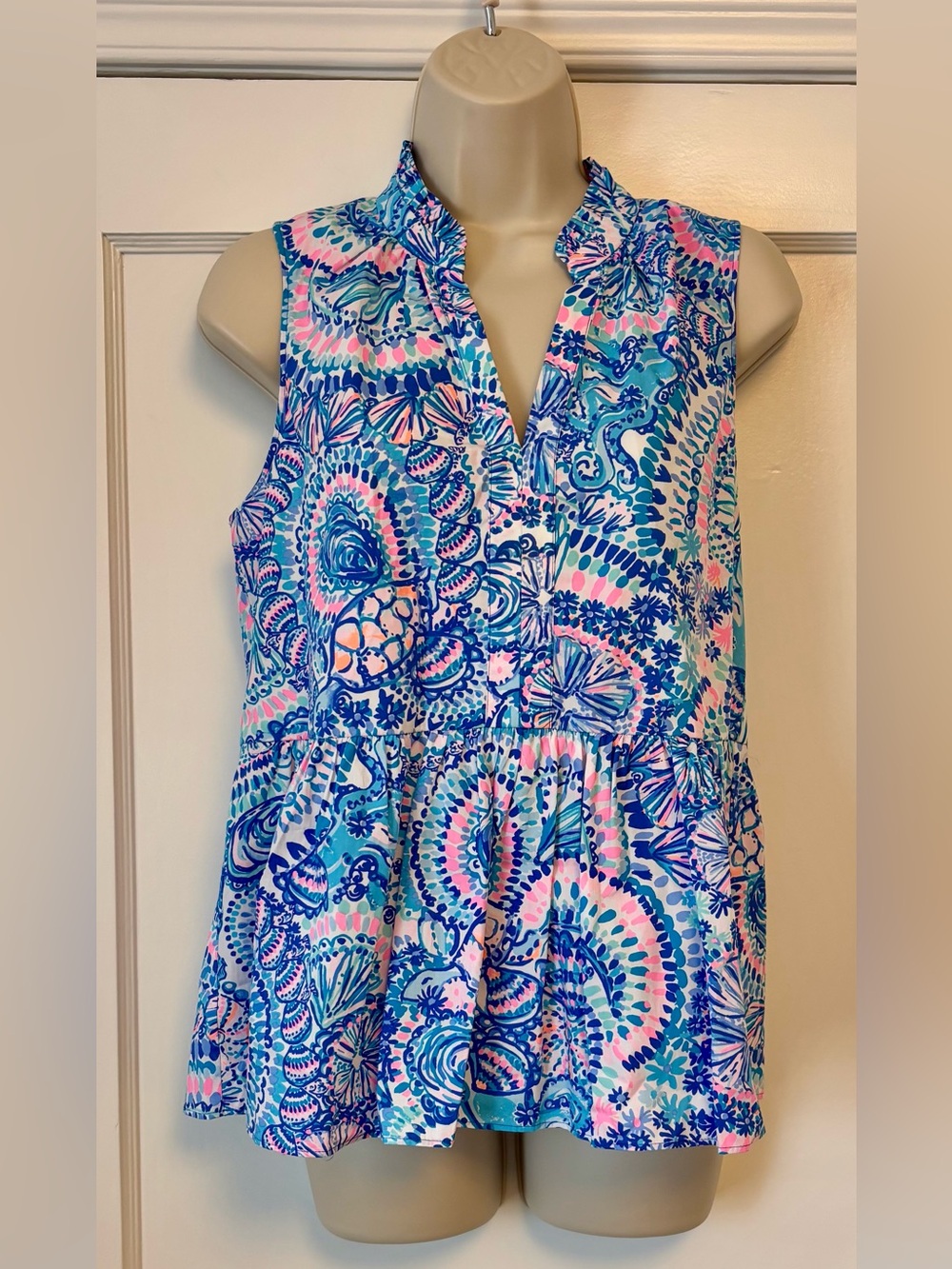 Lilly Pulitzer Novelty Peplum Top – Blue/Green/Pink – Size M – NWT